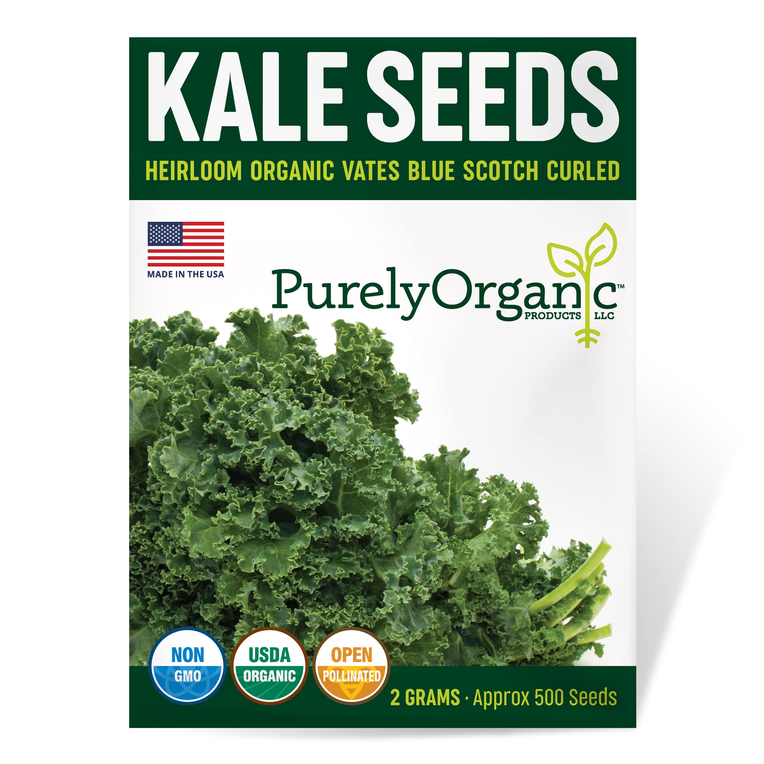 Purely Organic kale seeds Vates Blue Scotch Curled pack for planting.