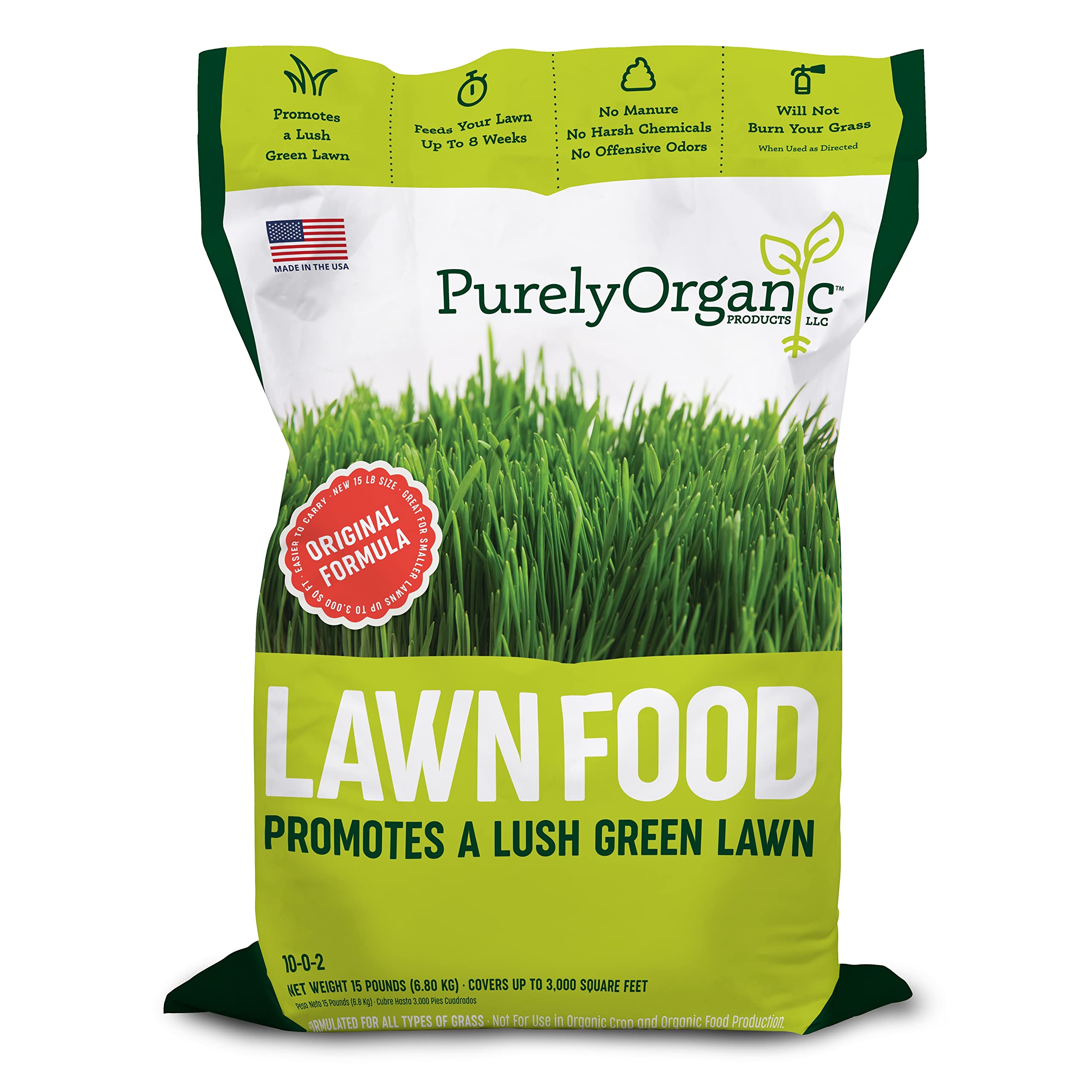 Purely Organic Lawn Food 10-0-2 bag front shows plant-based nutrients for lush turf