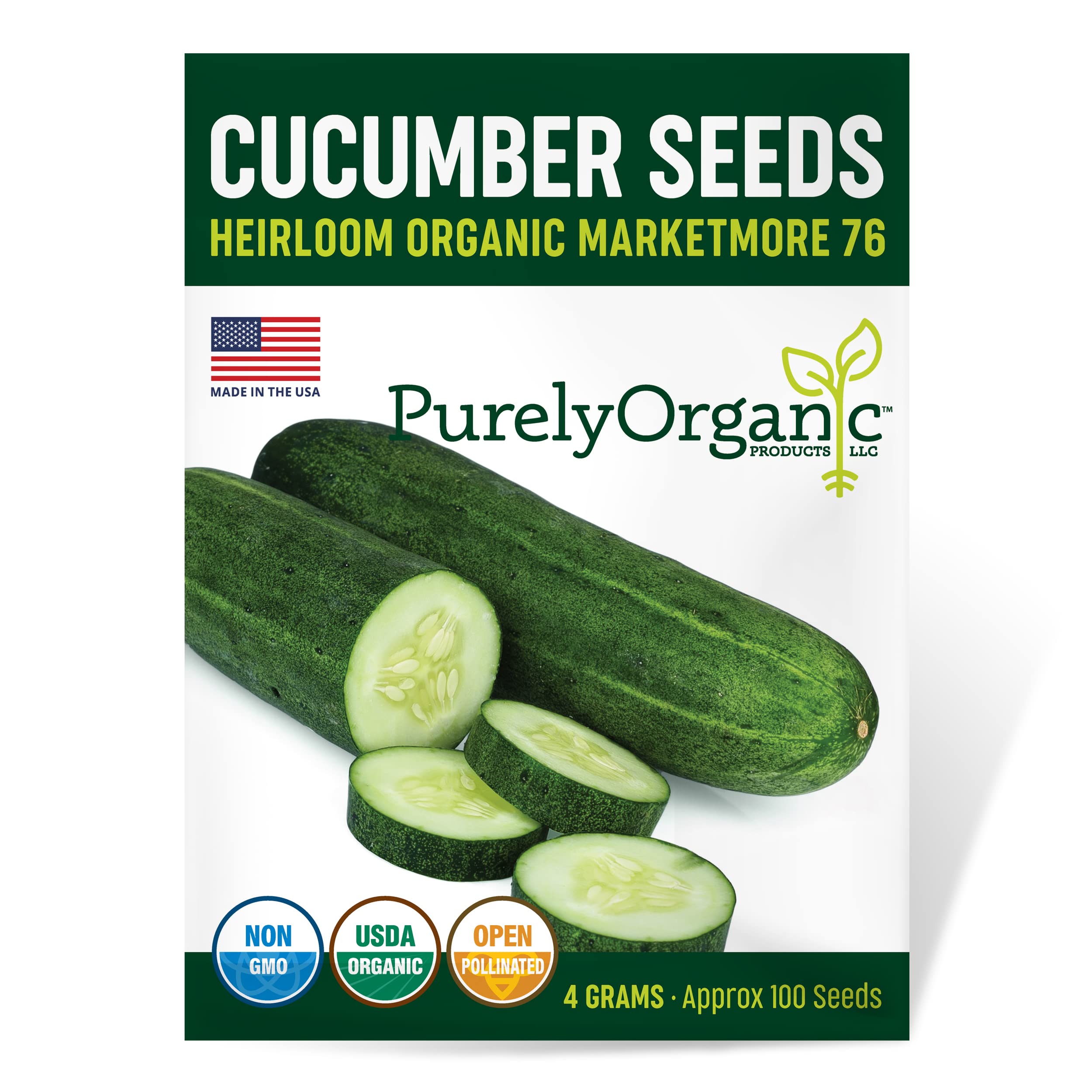 Purely Organic Marketmore 76 seeds packet front, ideal for home gardens seeking organic cucumbers.