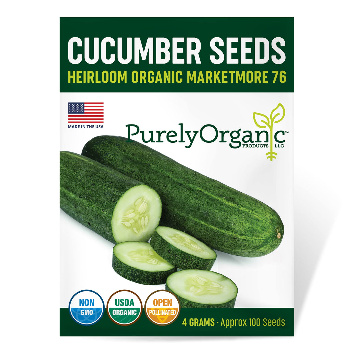 Purely Organic Marketmore 76 seeds packet front, ideal for home gardens seeking organic cucumbers.