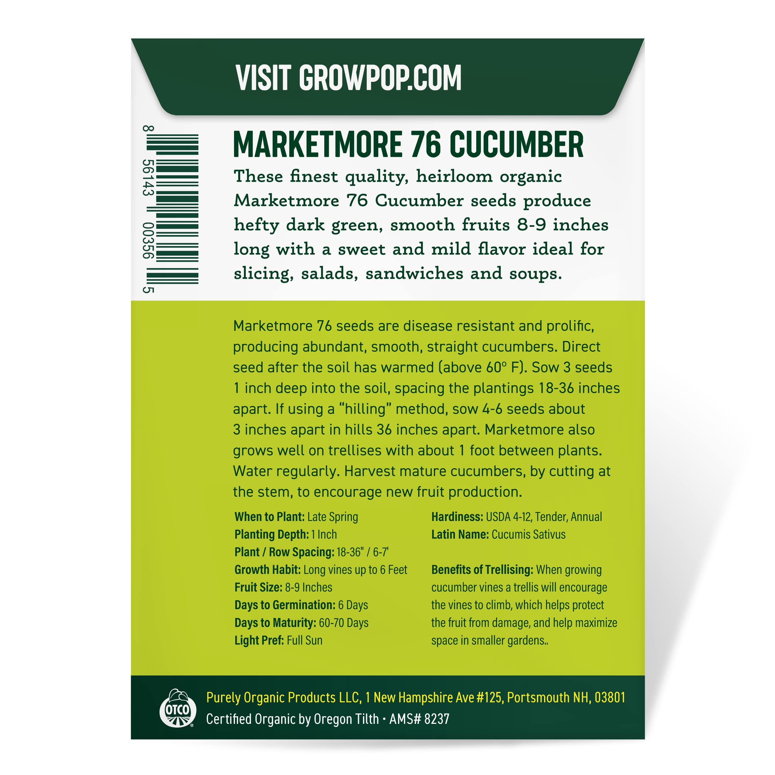 Purely Organic Marketmore 76 trellis cucumber vines on a frame promote airflow and space efficiency.