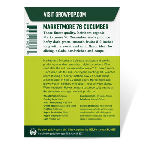 Purely Organic Marketmore 76 trellis cucumber vines on a frame promote airflow and space efficiency.