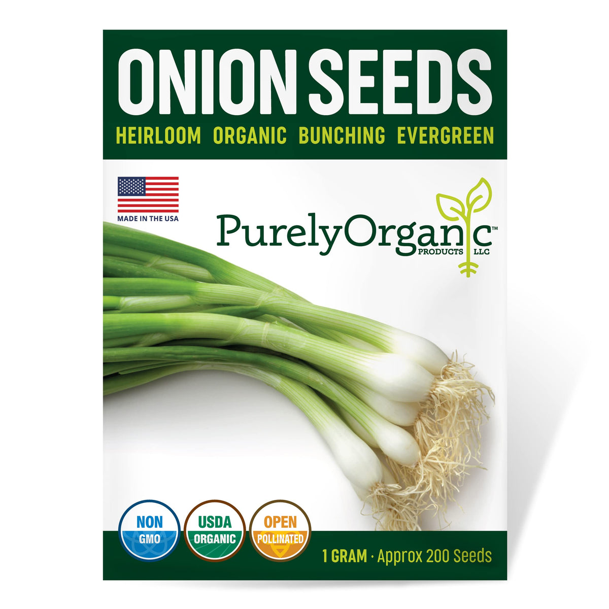 Purely Organic Onion Seeds Bunching Evergreen packet front, ideal for starting a home garden.