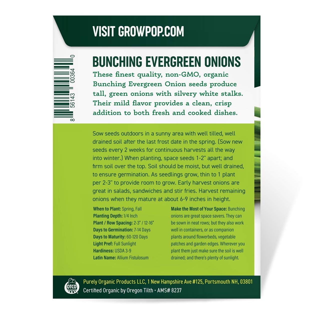 Purely Organic Onion Seeds Bunching Evergreen row-spacing tips improve growth and harvest quality.