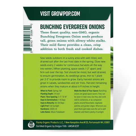 Purely Organic Onion Seeds Bunching Evergreen row-spacing tips improve growth and harvest quality.
