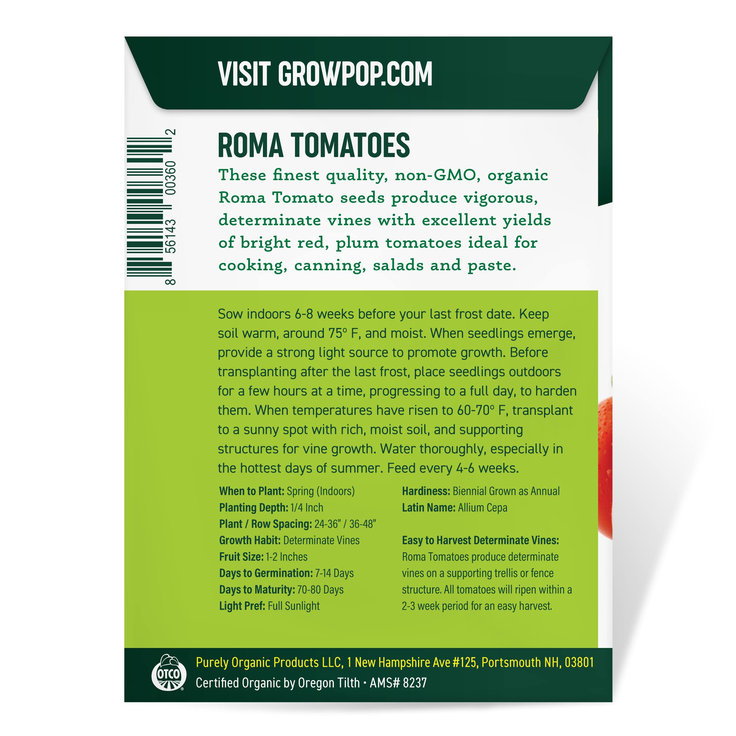 Purely Organic Roma tomato seeds germination table showing timing and vigor