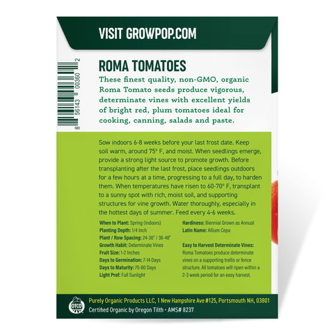 Purely Organic Roma tomato seeds germination table showing timing and vigor