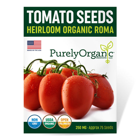 Purely Organic Roma tomato seeds packet front label enabling quick home planting