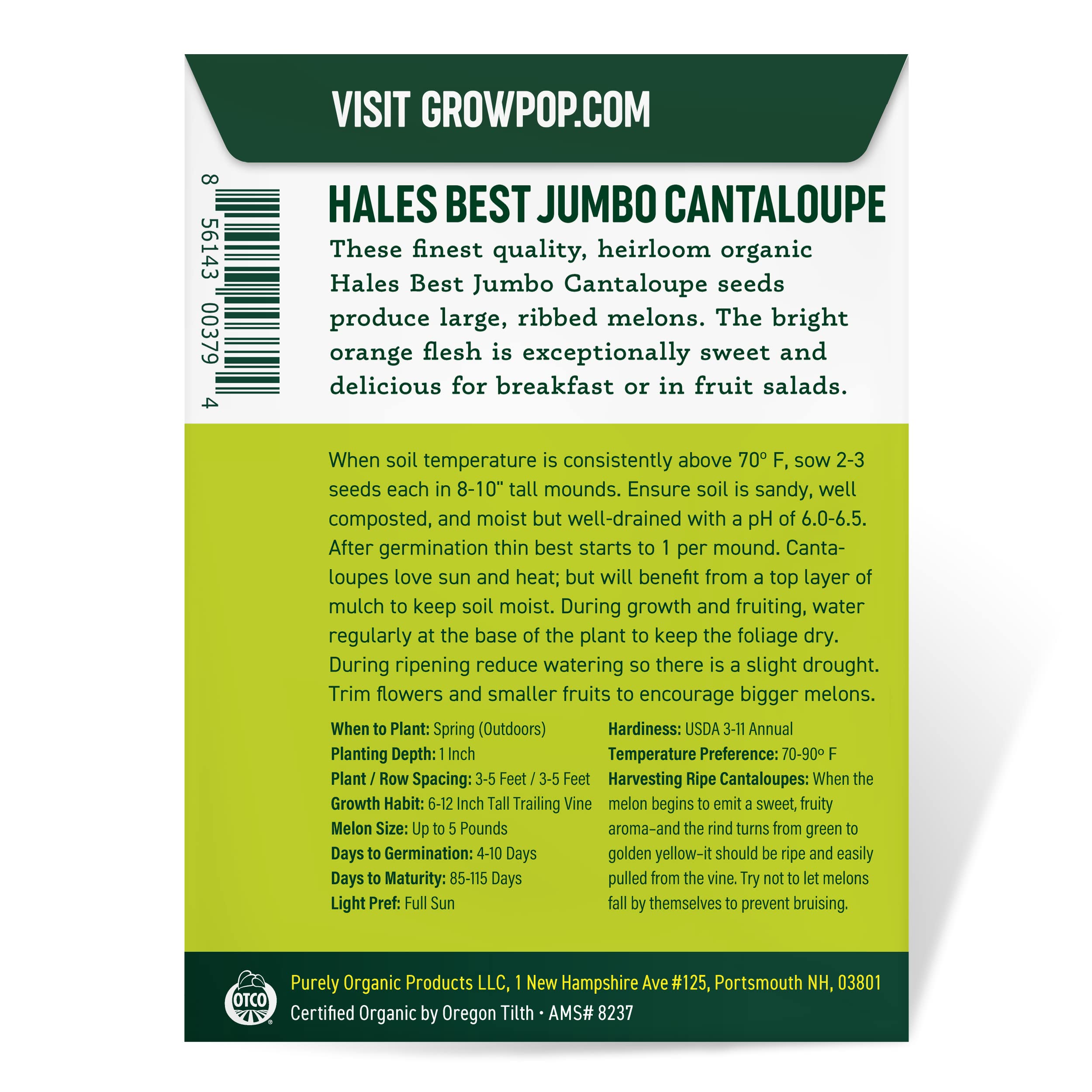 Purely Organic Cantaloupe Seeds mound planting guide for 8- to 10-inch mounds.