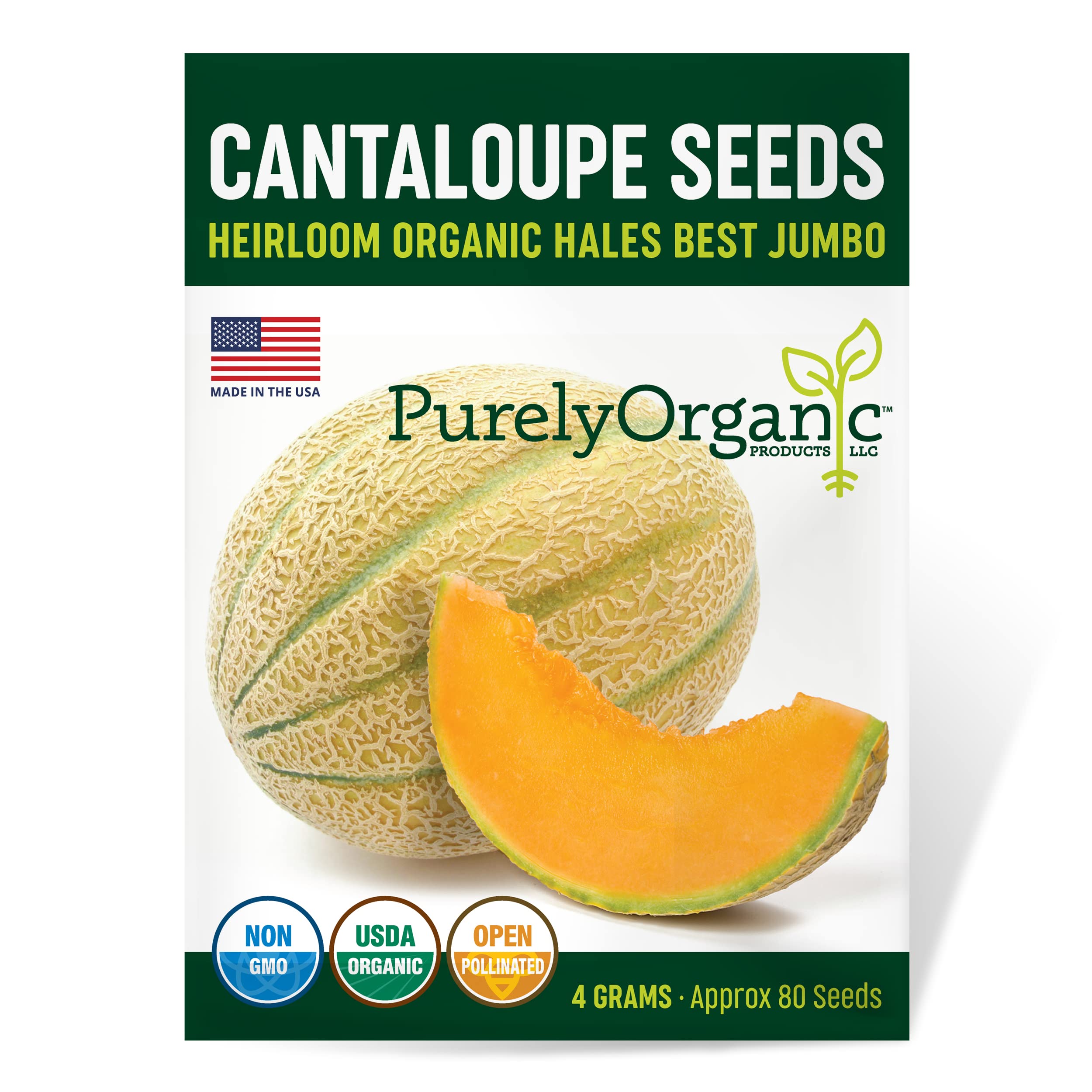 Purely Organic Cantaloupe Seeds seed packet showing heirloom Hales Best Jumbo variety for large melons.
