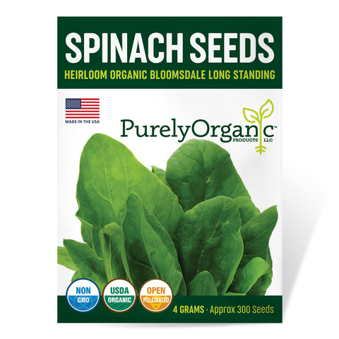 Purely Organic Spinach Seeds Bloomsdale pack front, ideal for fresh salads and home harvests.