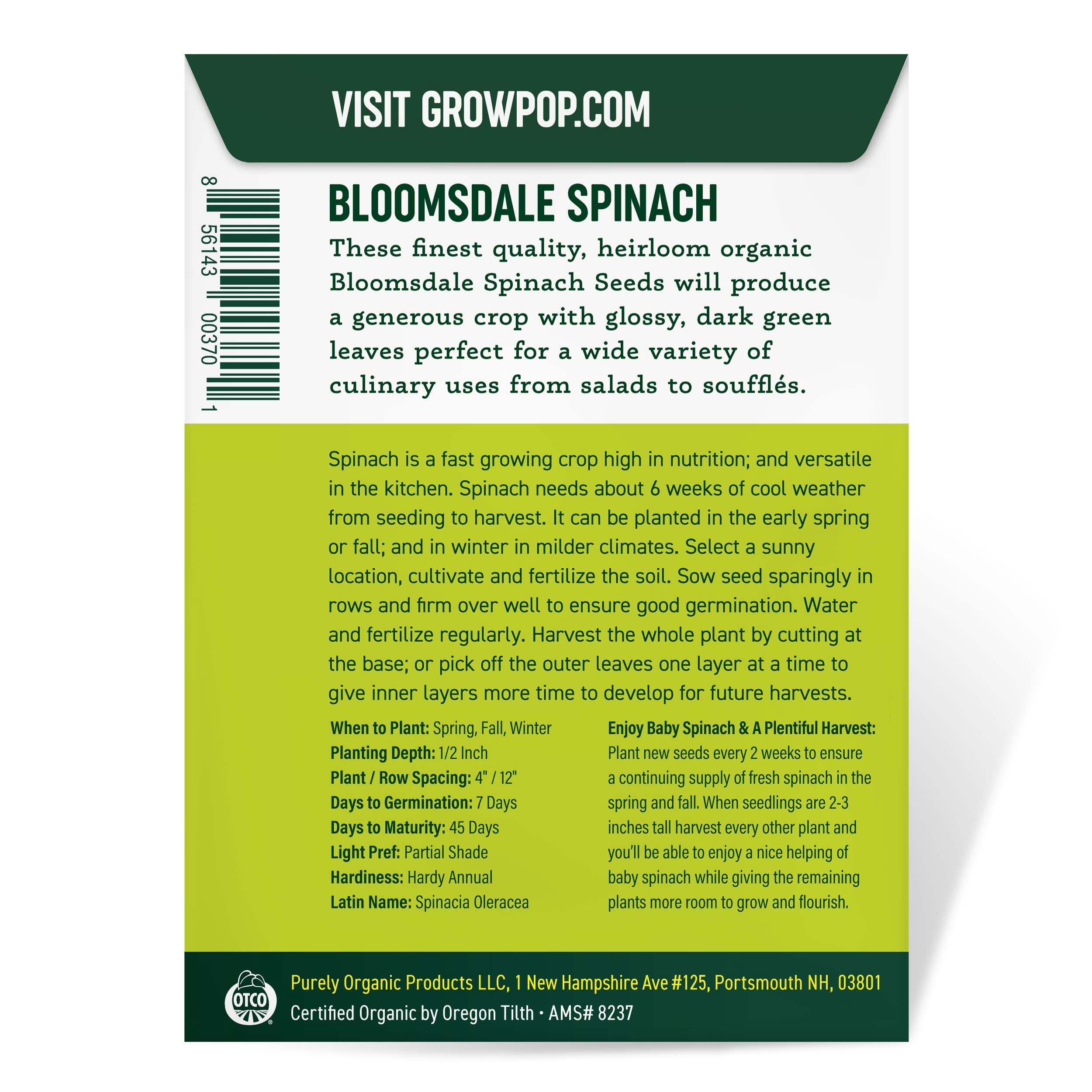 Purely Organic Spinach Seeds Bloomsdale seed close-up, tiny seeds for easy sowing.