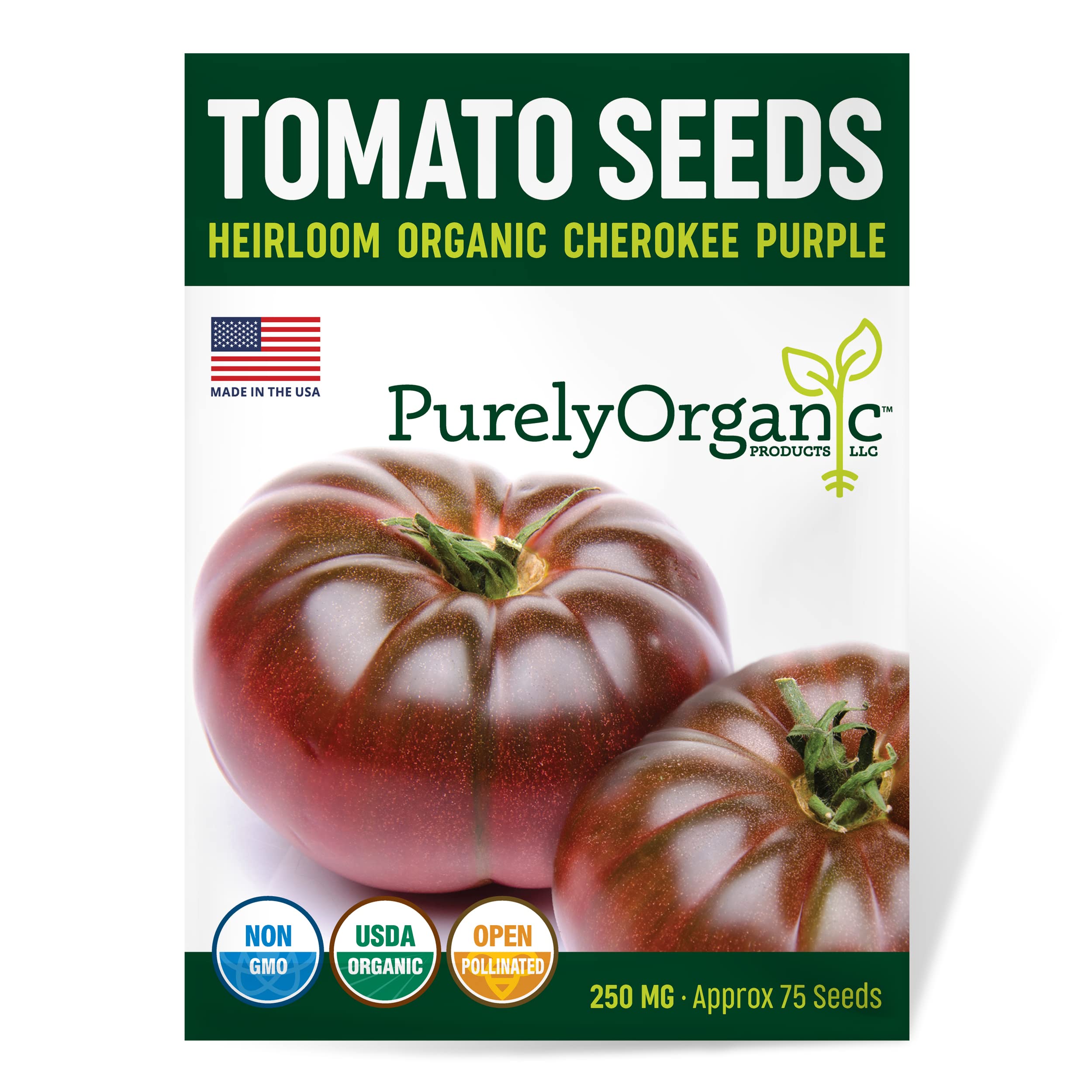 Purely Organic Cherokee Purple tomato seeds in a packet, ideal for home gardening.
