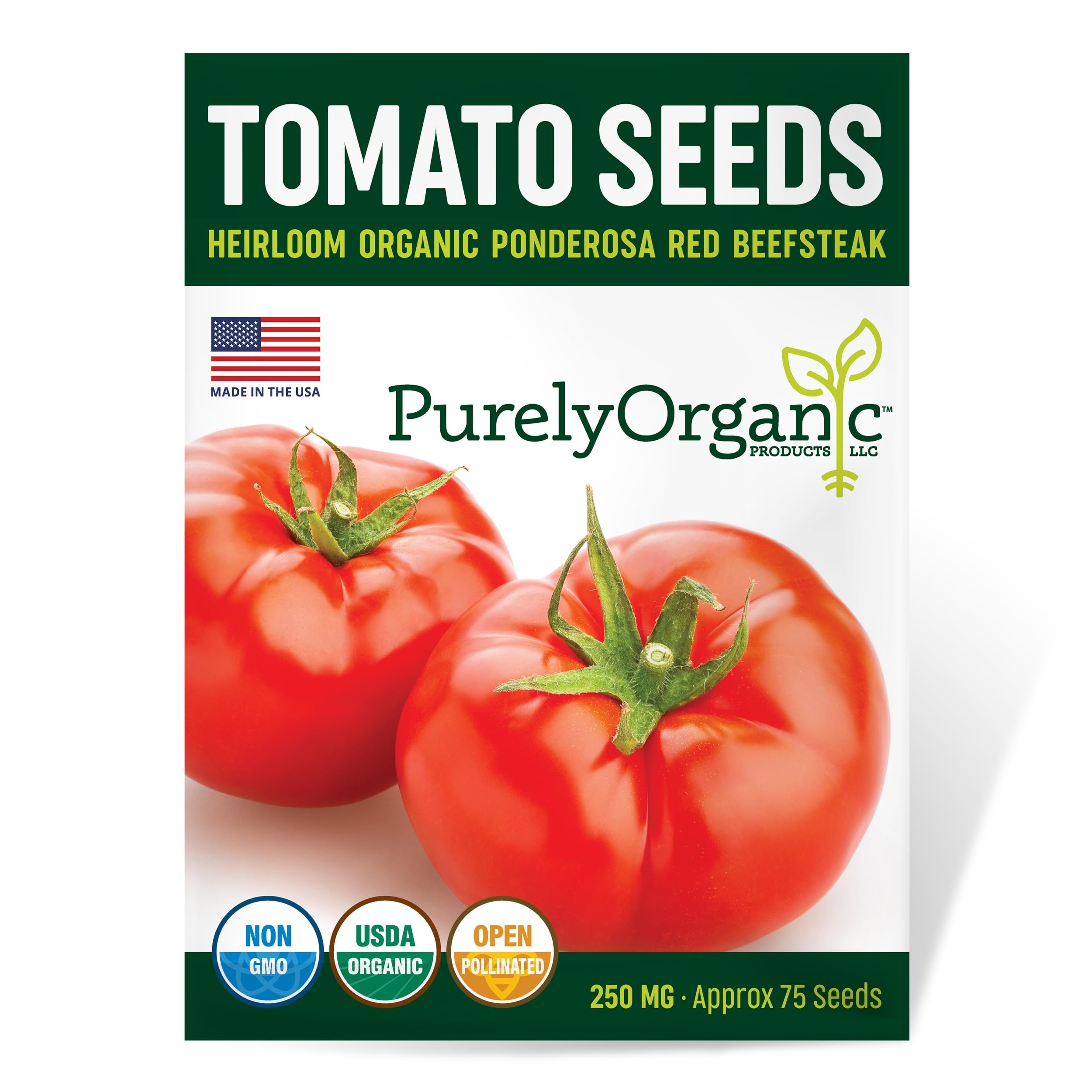 Purely Organic Ponderosa Red Beefsteak seeds packet front; ideal for home garden flavor.