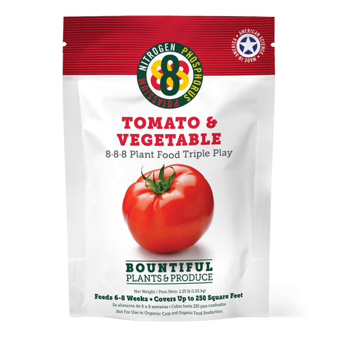 Purely Organic Tomato and Vegetable Plant Food bag boosts garden nutrition.