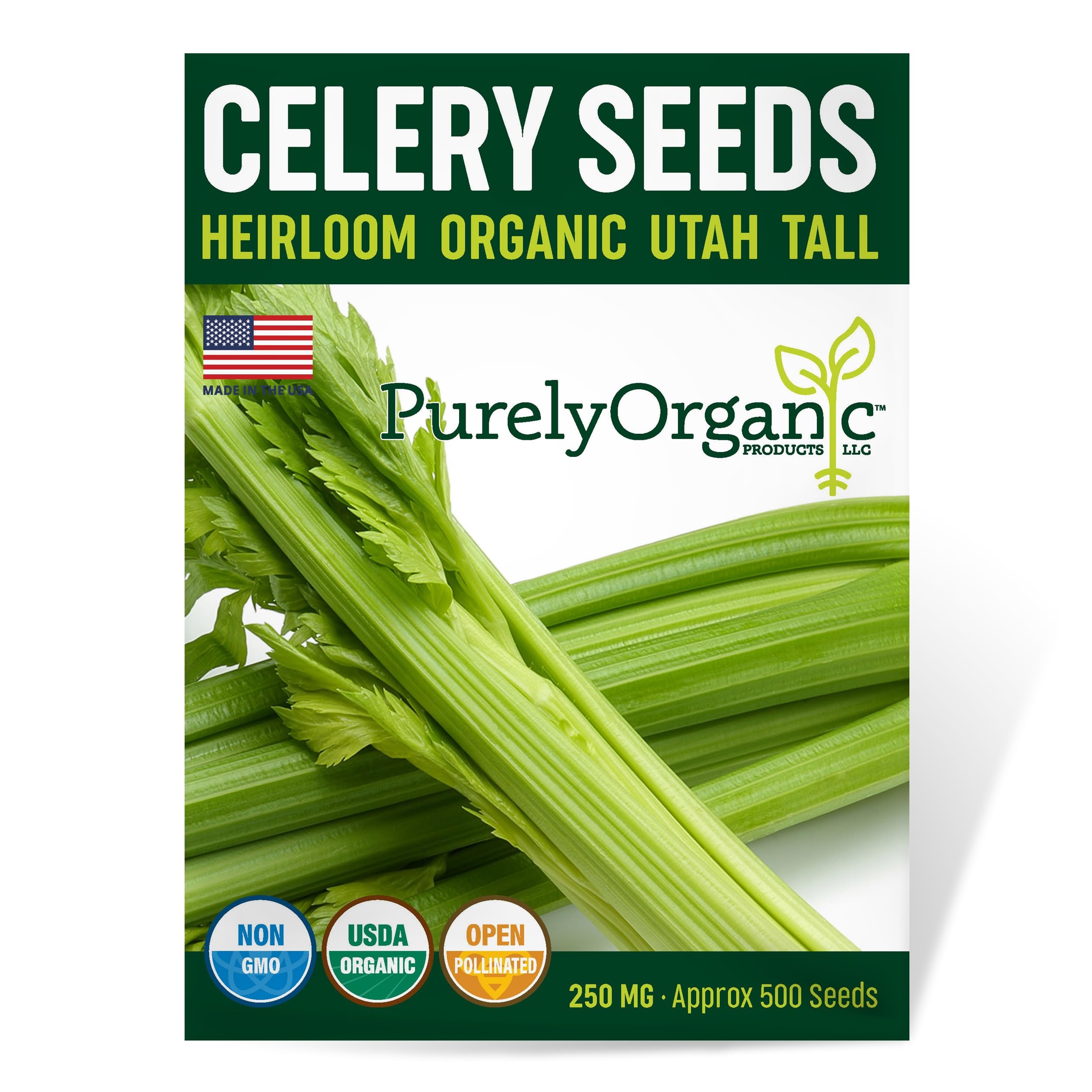 Purely Organic Utah Tall Celery Seeds packet front, gift-ready packaging for seed lovers.