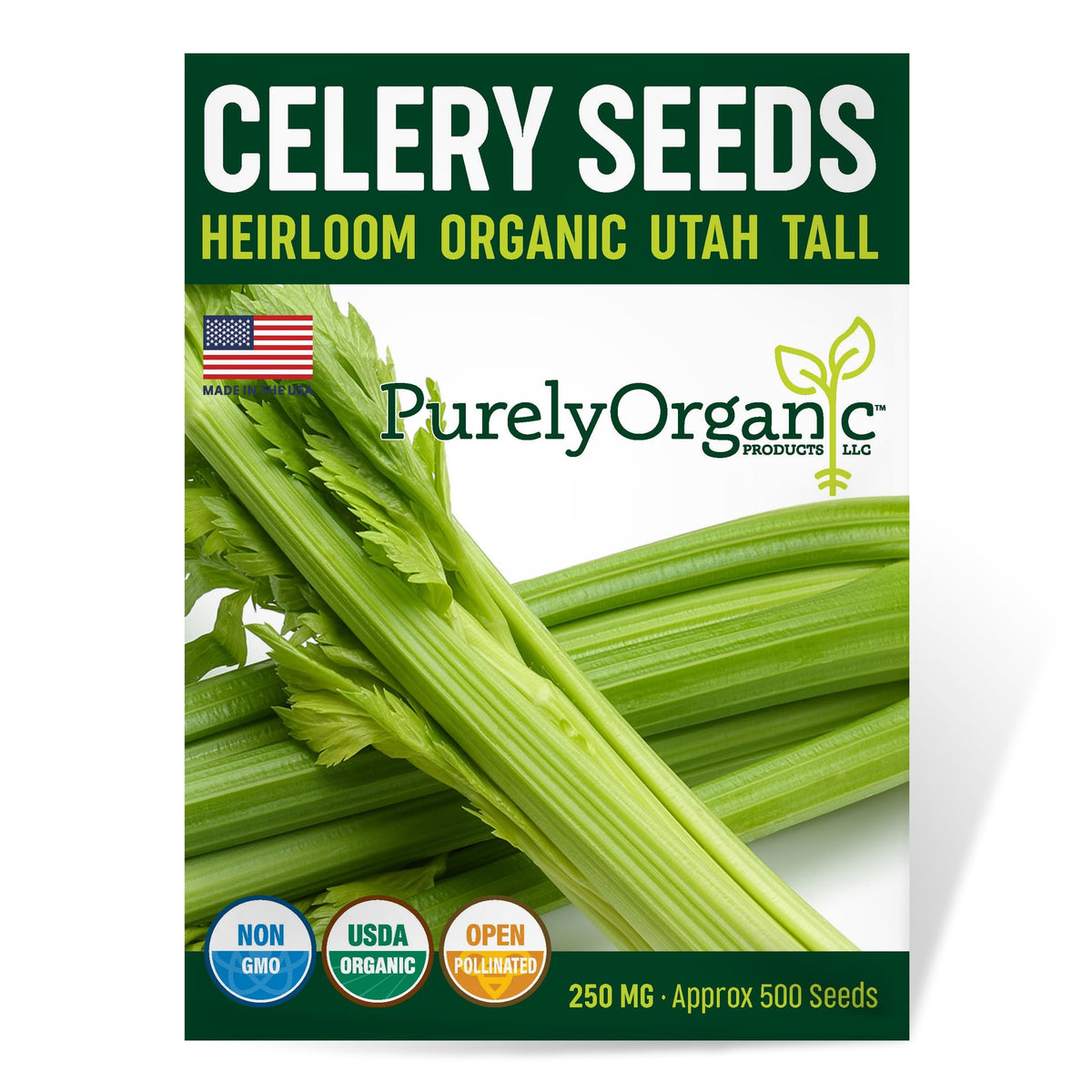Purely Organic Utah Tall Celery Seeds packet front, gift-ready packaging for seed lovers.