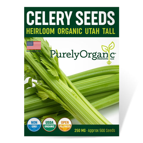 Purely Organic Utah Tall Celery Seeds packet front, gift-ready packaging for seed lovers.