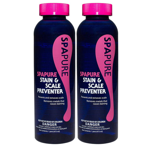 PureSpa SpaPure Stain & Scale Preventer protects spa surfaces from mineral stains.