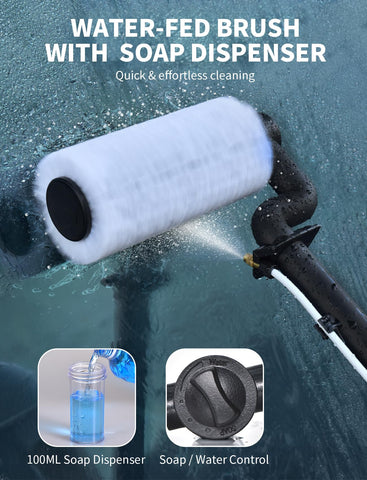 PureSwirlz telescopic water-fed pole extended to reach high panels.