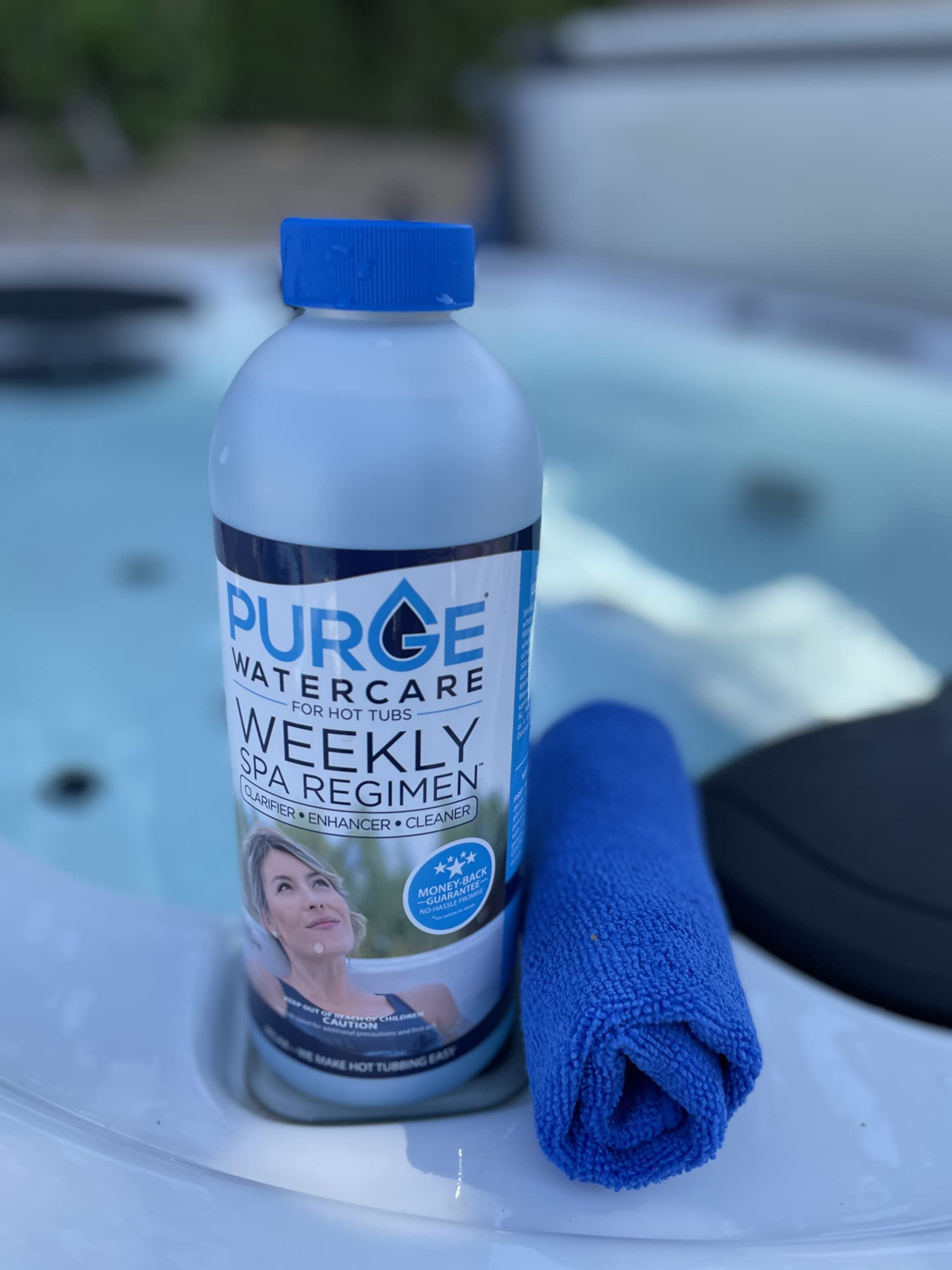 Purge Watercare bottle on spa ledge emphasizes convenient weekly regimen.