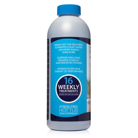 Purge Watercare weekly spa clarifier bottle demonstrates fast water clarification for sparkling soak.