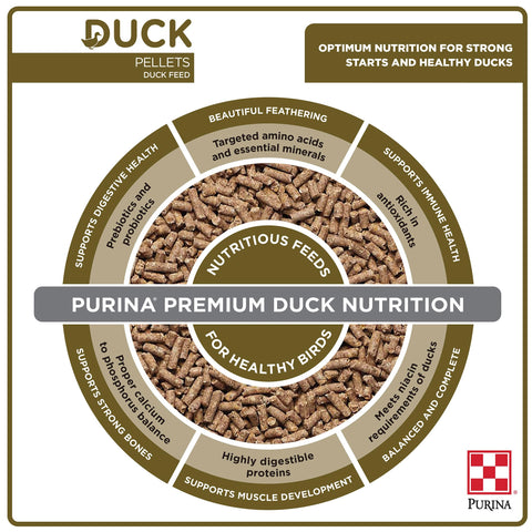Purina duck feed bag-back nutrition displays niacin and prebiotic benefits for digestive health.