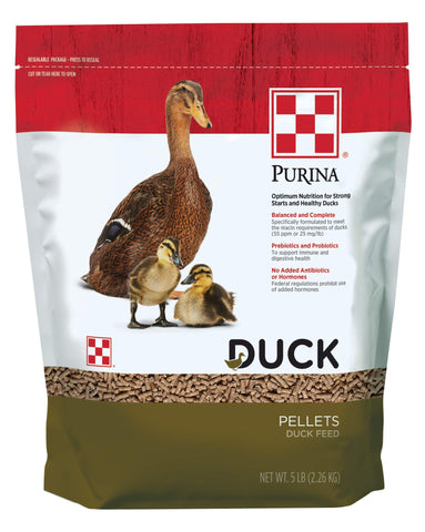 Purina duck feed bag-front shows complete life-stage nutrition for all ducks.
