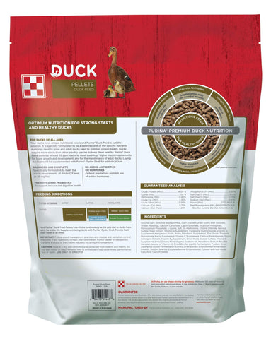 Purina duck-feed pellets-closeup highlights 19% protein for growth and maintenance.