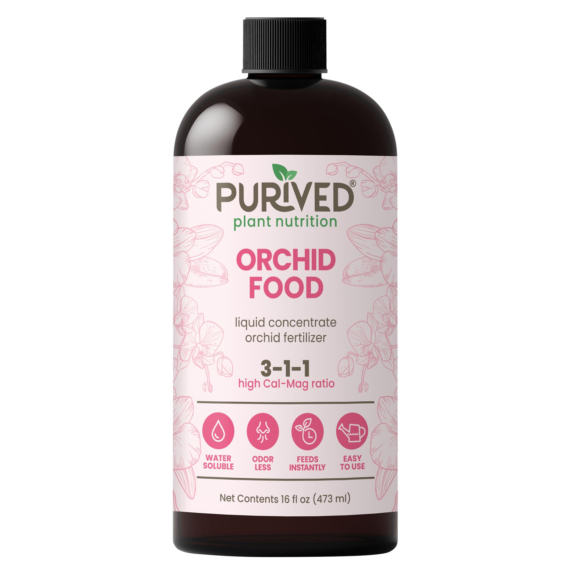 Purived Orchid Food 16oz bottle ready for easy, odorless feeding.