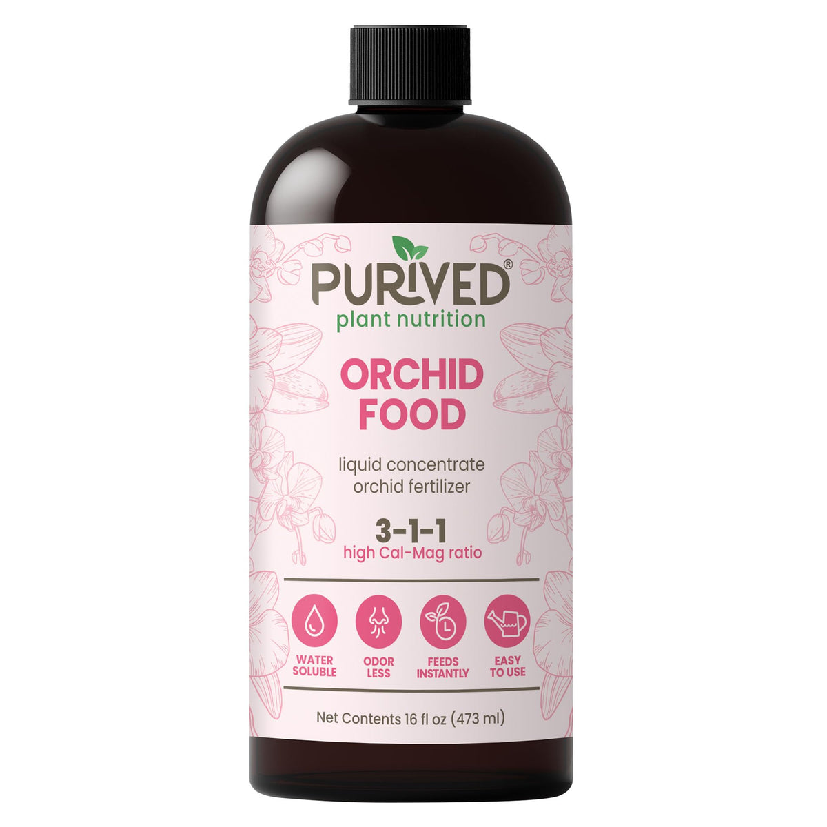 Purived Orchid Food 16oz bottle ready for easy, odorless feeding.
