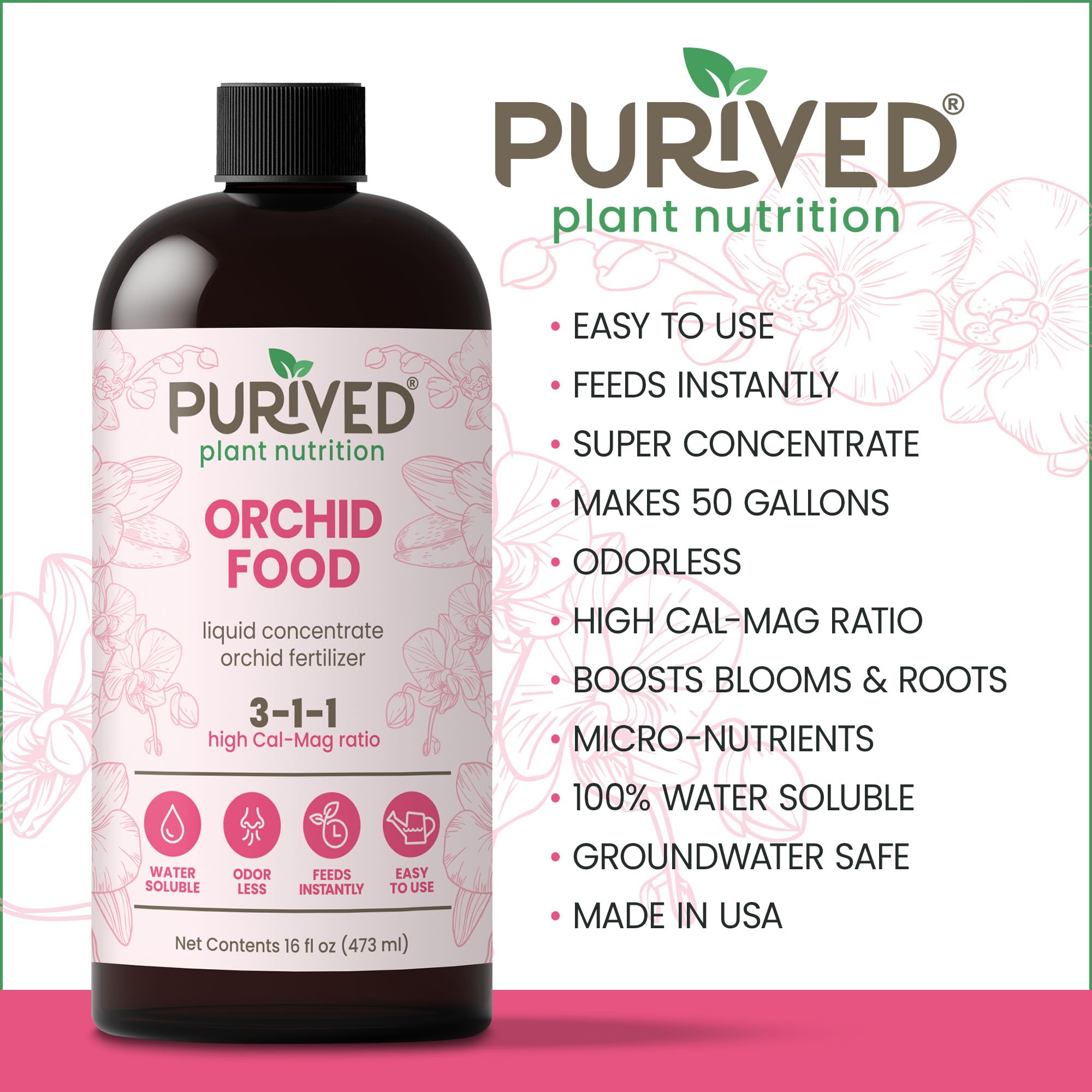 Purived Orchid Food cap pour showing precise dosing for effortless care.