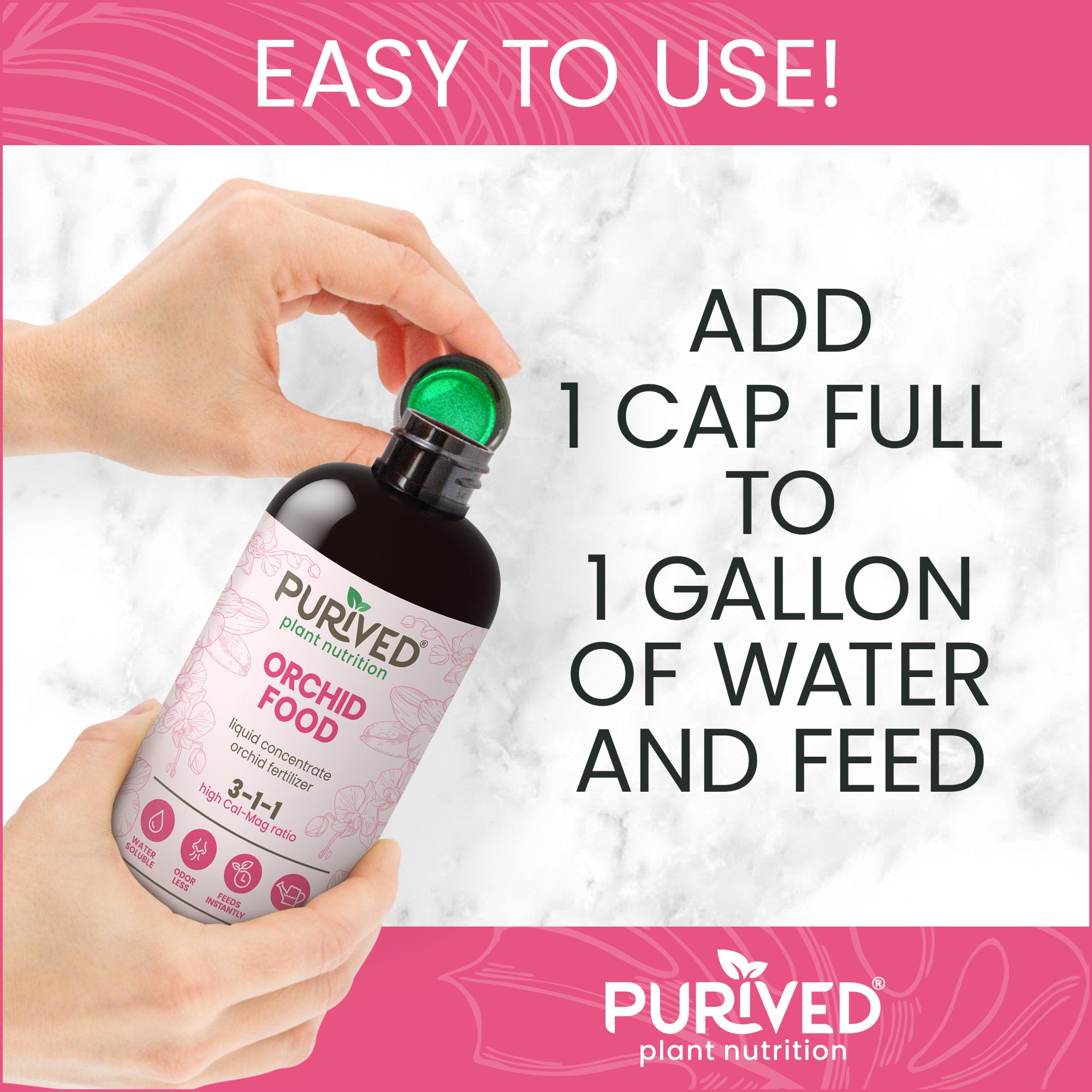 Purived Orchid Food mixing in water with rapid dissolution.