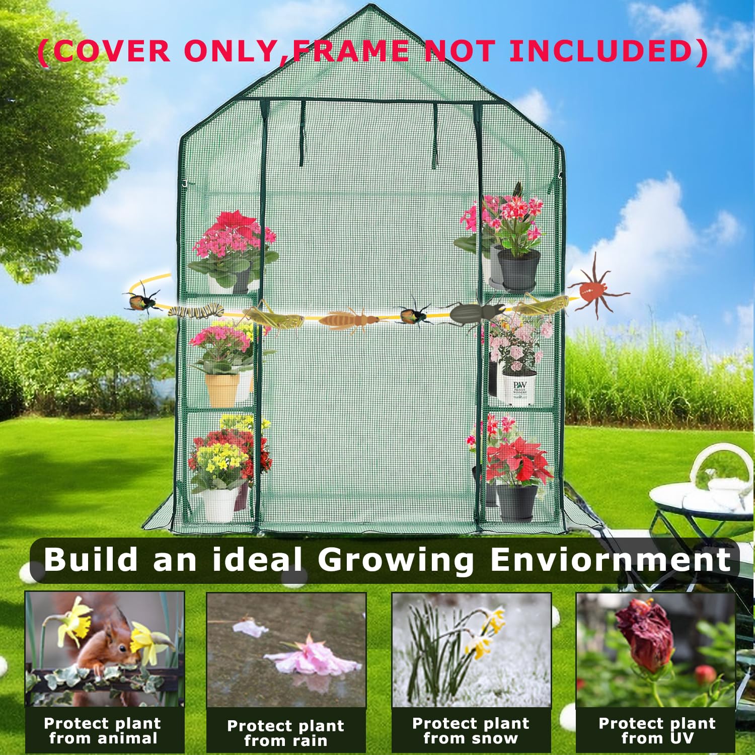 Purlyu Durable PE material with strong seams protects plants from wind and hail.