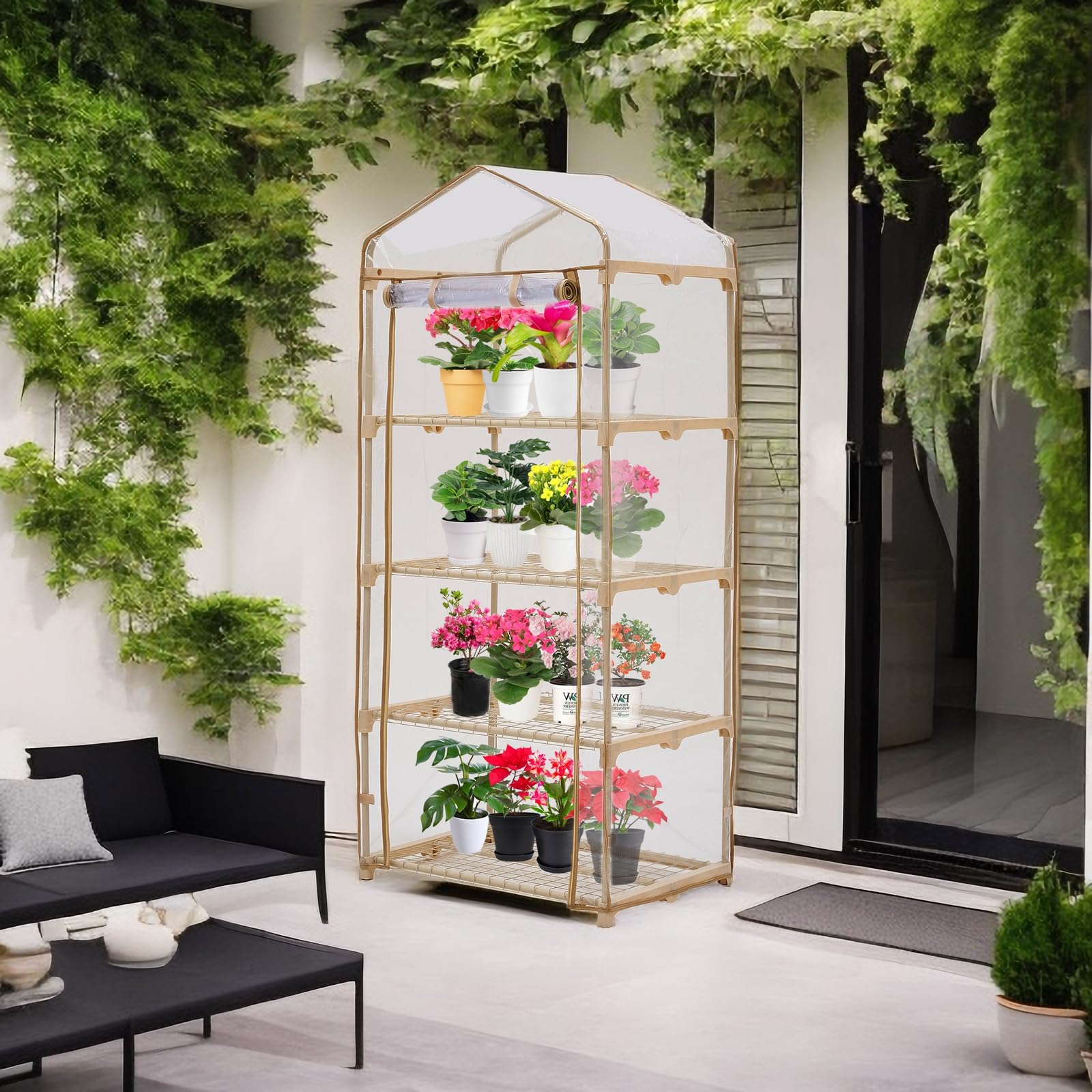Purlyu Garden 4-Tier Greenhouse dimensions show compact footprint