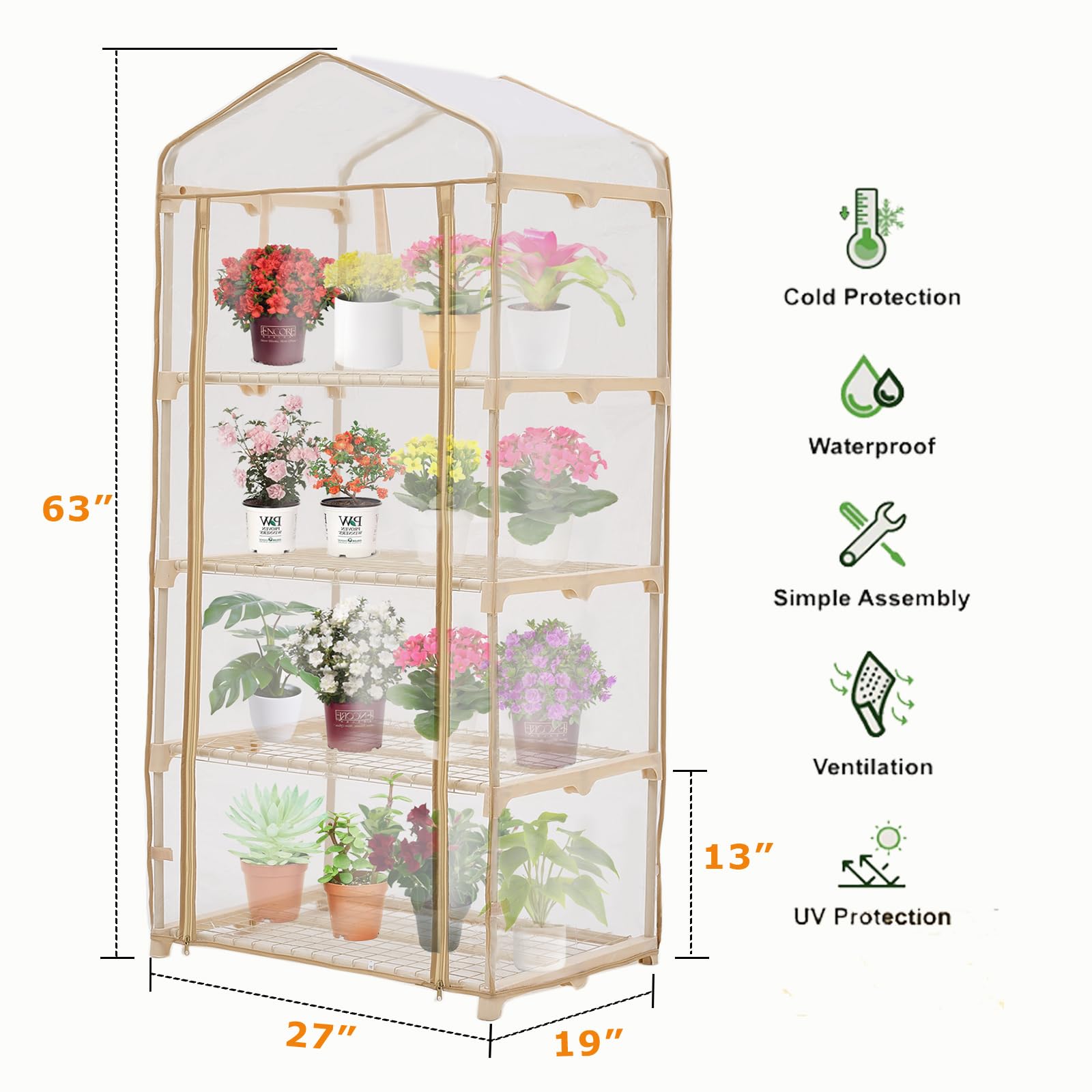 Purlyu Garden 4-Tier Greenhouse side view showing spacious shelves for pots