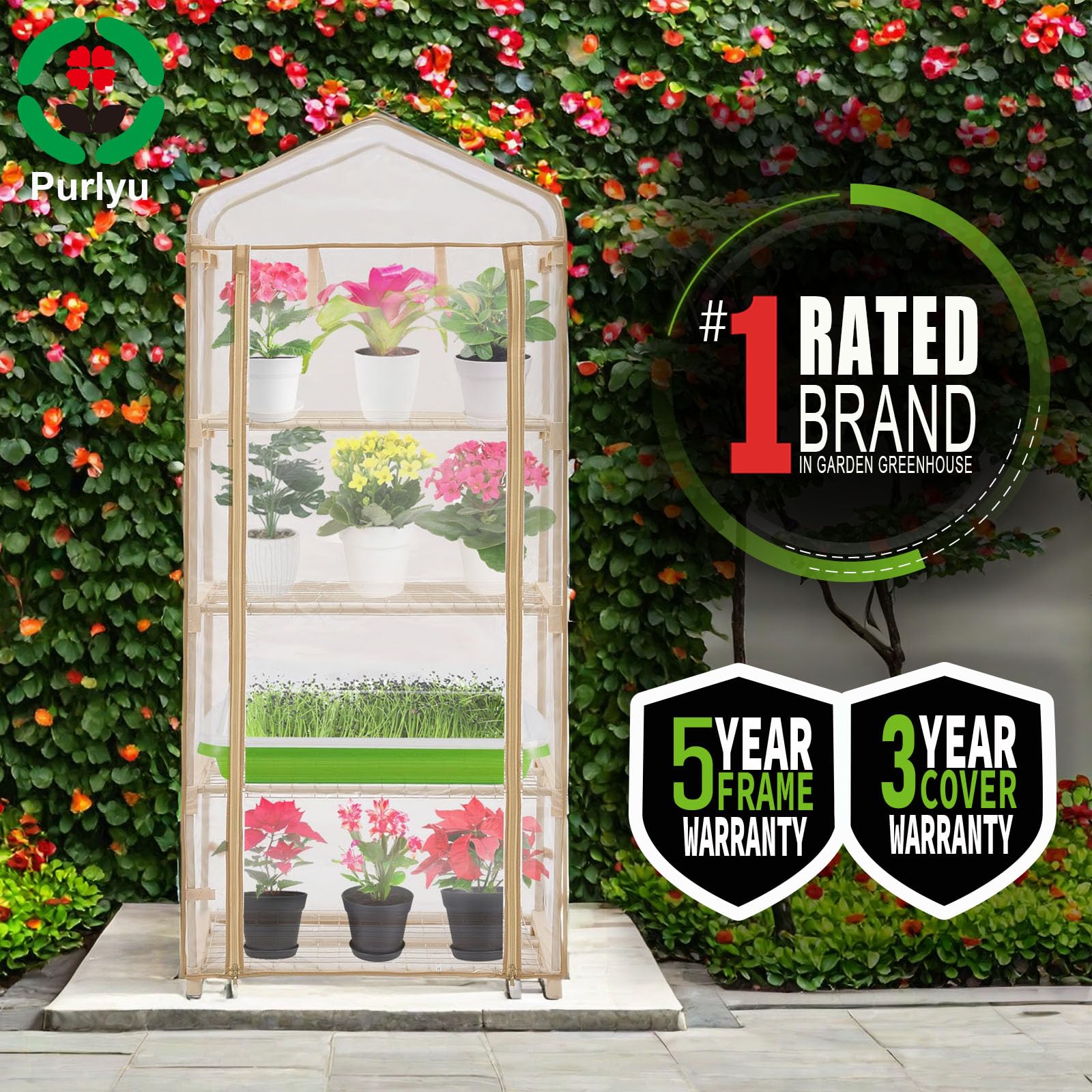 Purlyu Garden 4-Tier Greenhouse tubular frame offers durable, stable setup