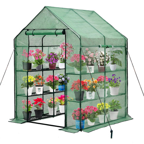 Purlyu Walk-in Greenhouse front view, sturdy frame protecting plants outdoors.