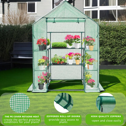Purlyu Walk-in Greenhouse shelves-inside keeps pots and seedlings organized.