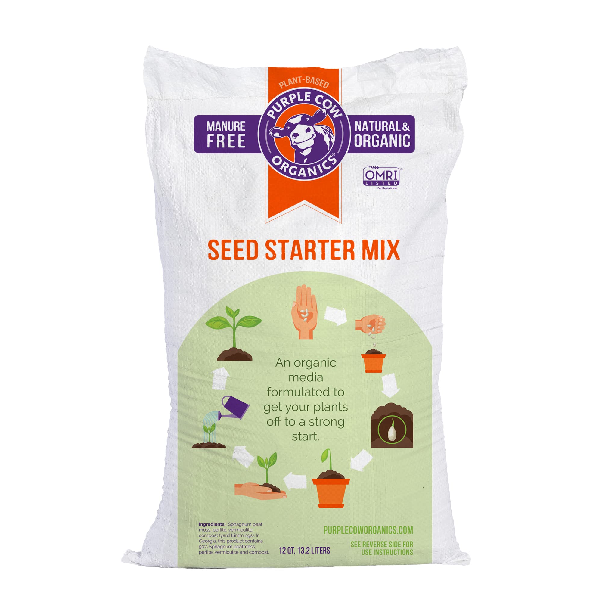 Purple Cow Organics Seed Starter bag front view, ready-to-use mix for faster germination and robust roots.