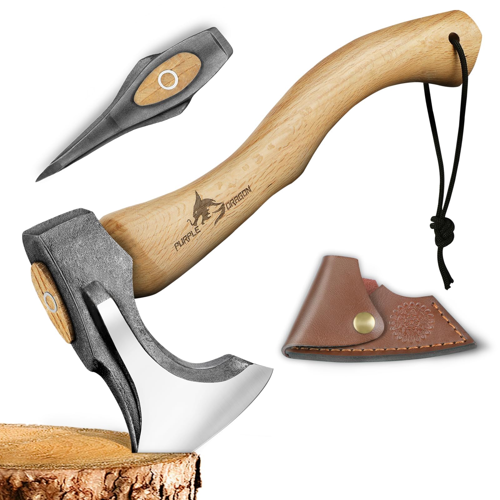 Purple Dragon camping hatchet 14.7-inch blade closeup for efficient wood splitting.