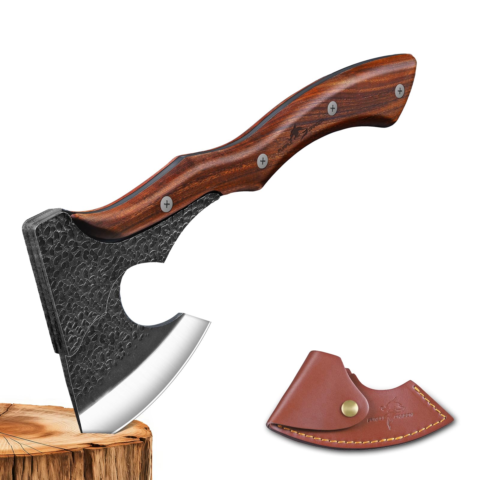 Purple Dragon camping hatchet head with forged steel for tough outdoor chopping.