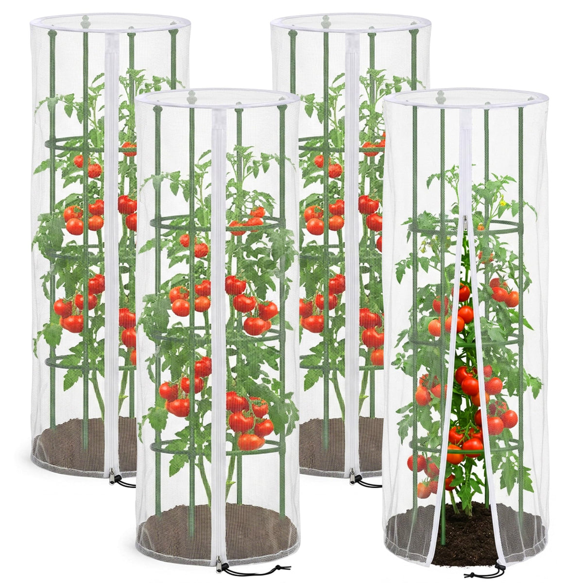 Purple Star 1N garden netting around a round tomato cage protects crops from pests