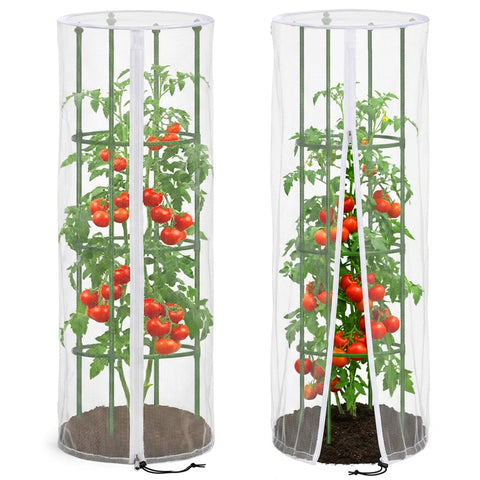 Purple Star 1N garden netting over a round tomato cage provides pest protection while allowing airflow.