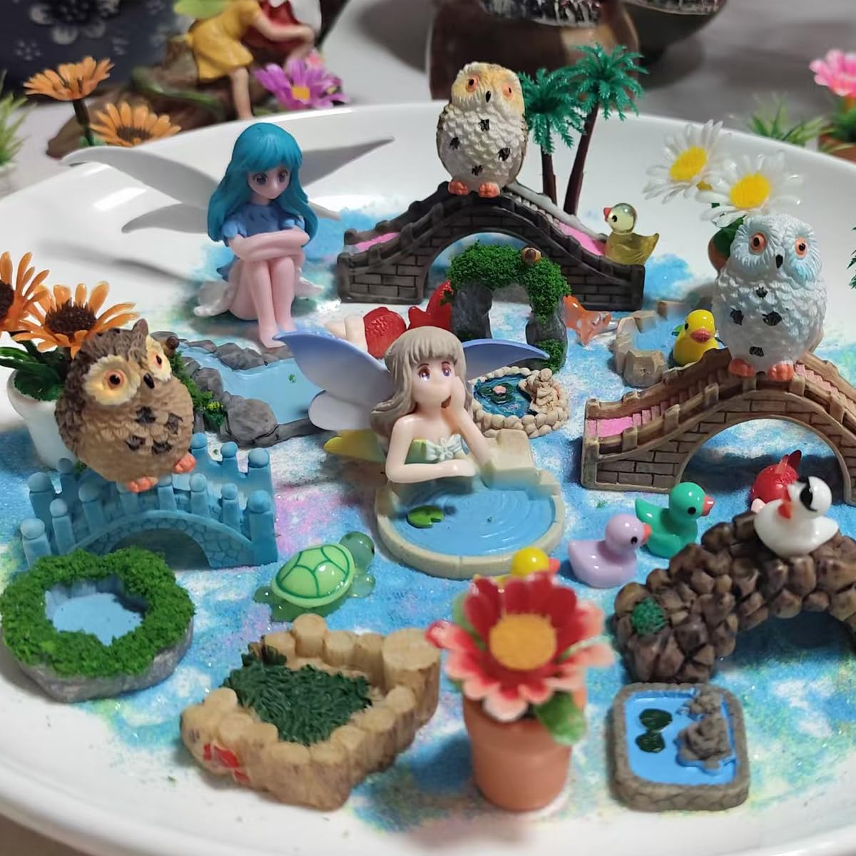 Purple Star Mini Owls fairy garden display and dollhouse accents