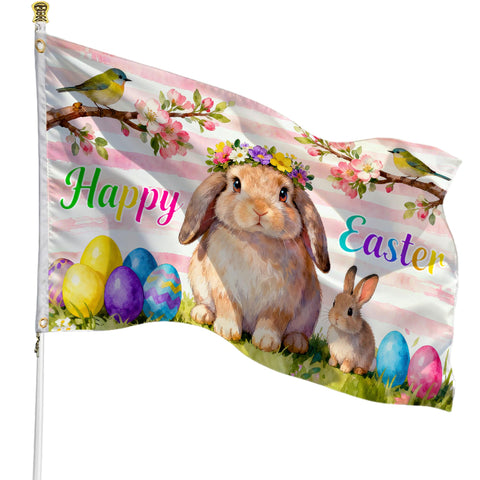 PURYOUNY Easter Flag Bunny with Flower Crown ideal for vibrant yard decor in spring.