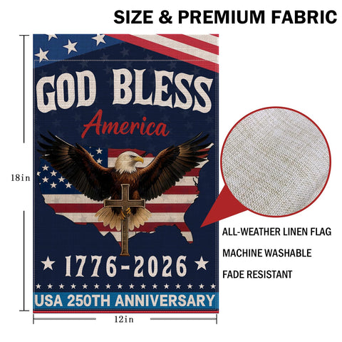 Pusfyeoh God Bless America yard flag on a flagpole highlights the commemorative logo