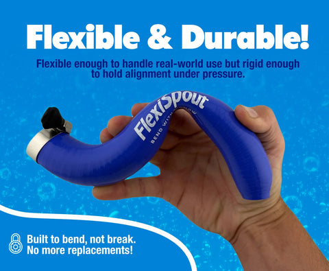 FlexiSpout directs water up to 25 feet away, keeping poolside areas dry