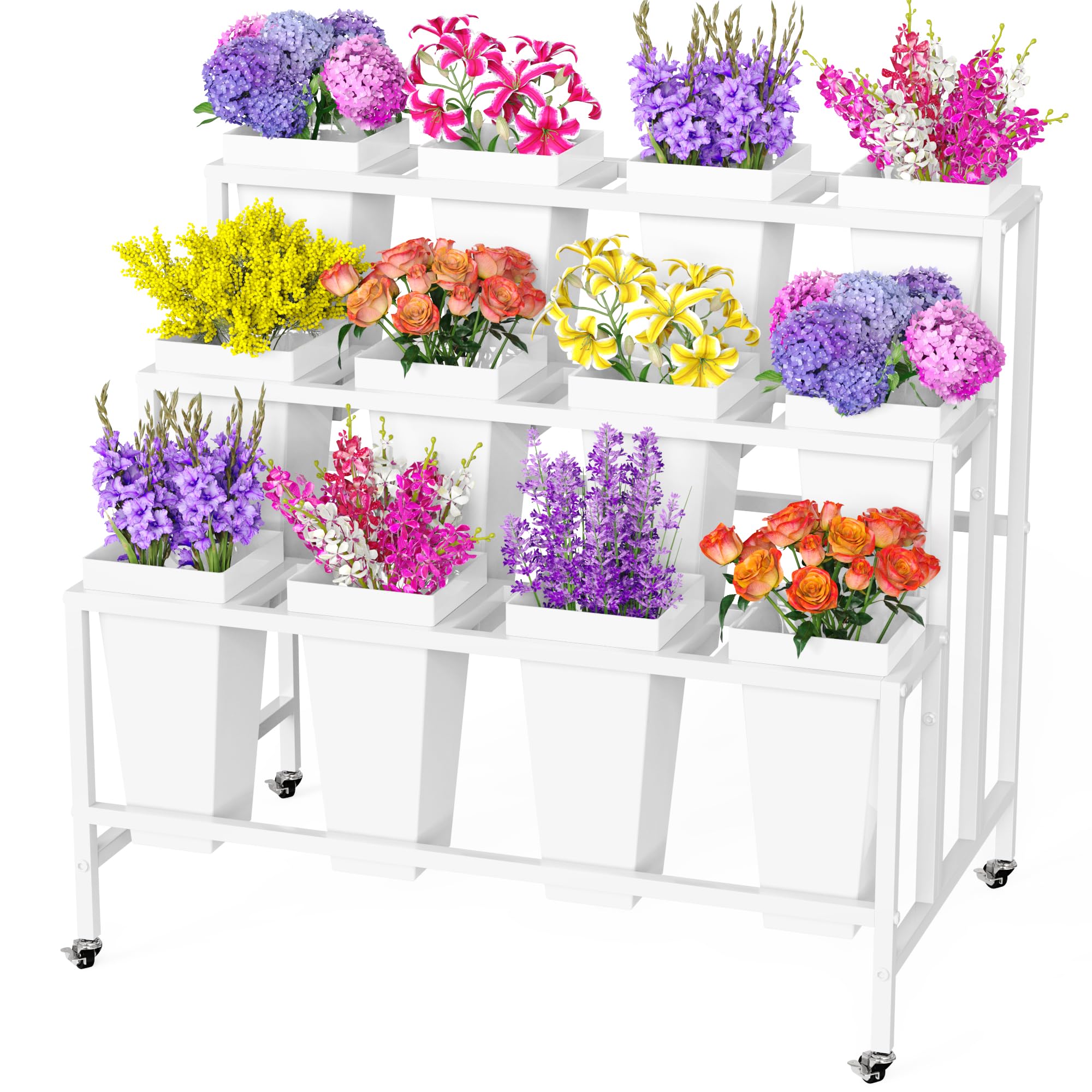 Putros flower display stand with 12 buckets for organized bouquet presentations, ideal for shops.