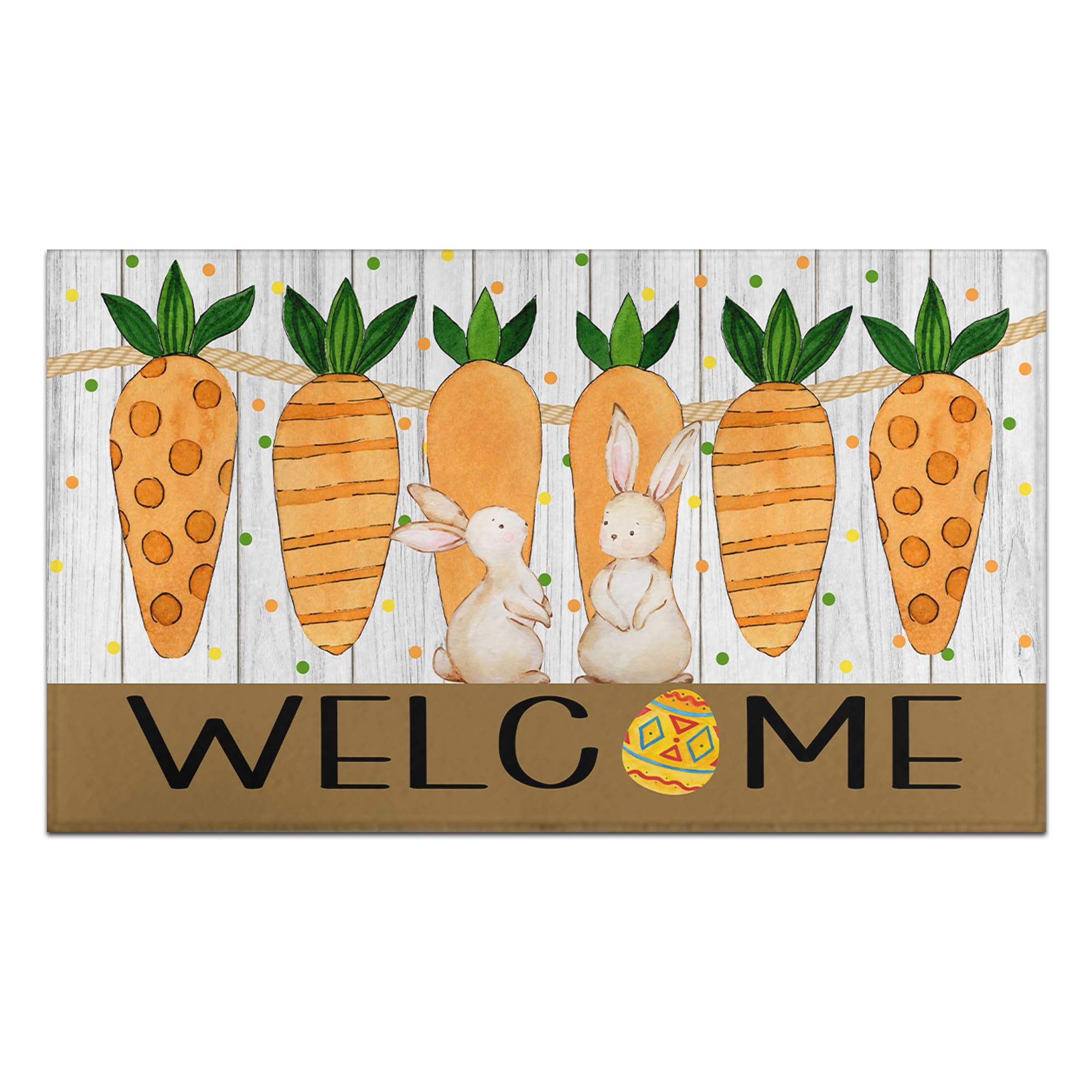 Putware Easter door mat eggs and bunny on teal background welcome guests.